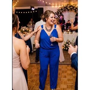 Spense Royal Blue Wrap Front Top Short Sleeve Silver Embellished Jumpsuit Sz 16W